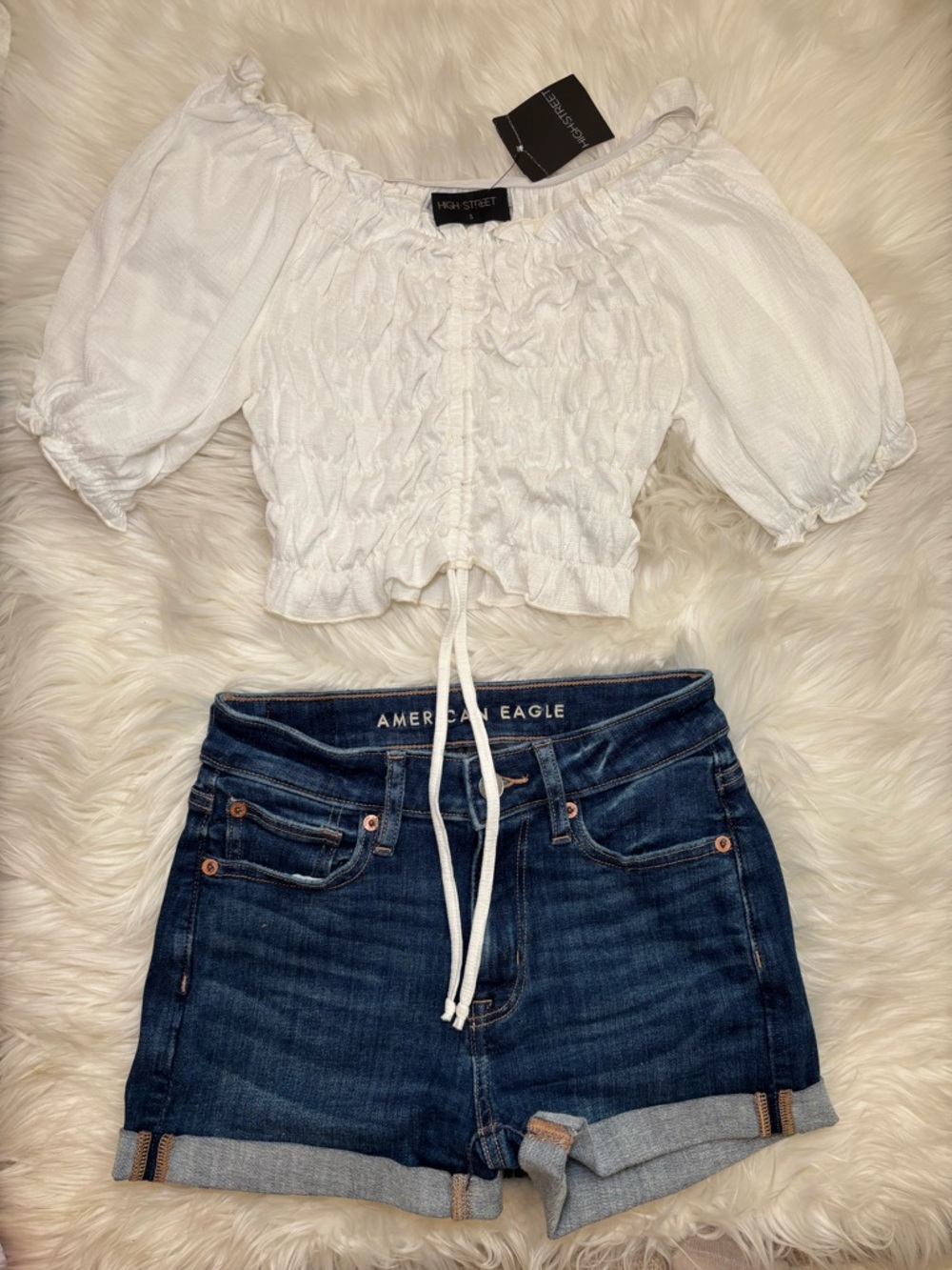 High Street White Smocked Off-Shoulder Crop Top